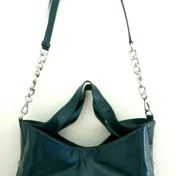 MICHAEL KORS DEVON TEAL LUX SILVER CALF LEATHER LARGE SHOULDER